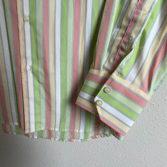 Lacoste Men's Size 40 Striped Lime Green Peach White Pointed Collar Long Sleeve - Picture 2 of 10